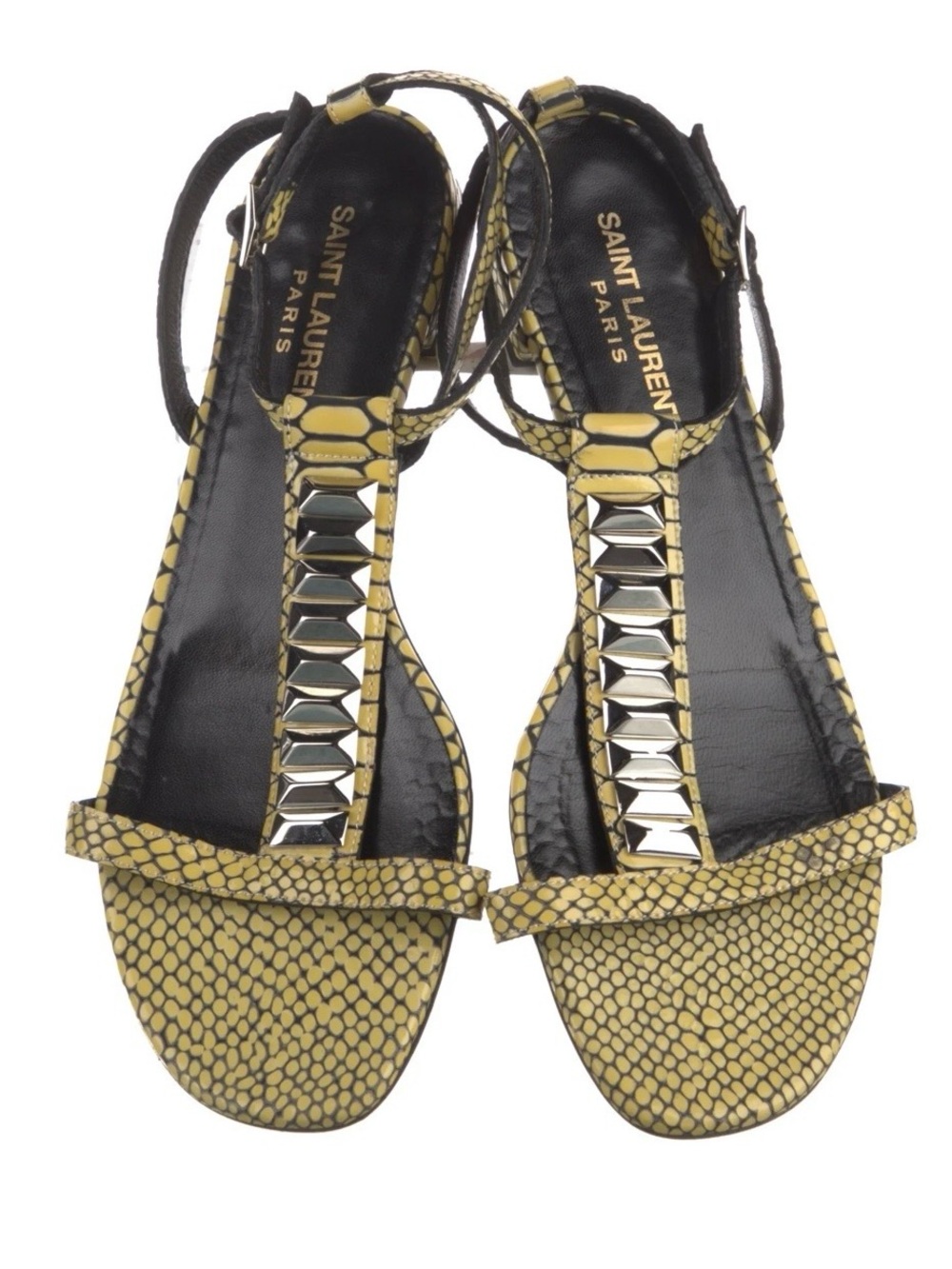 Saint Laurent Yellow Snake-Print T-Strap Sandals with Silver Studs